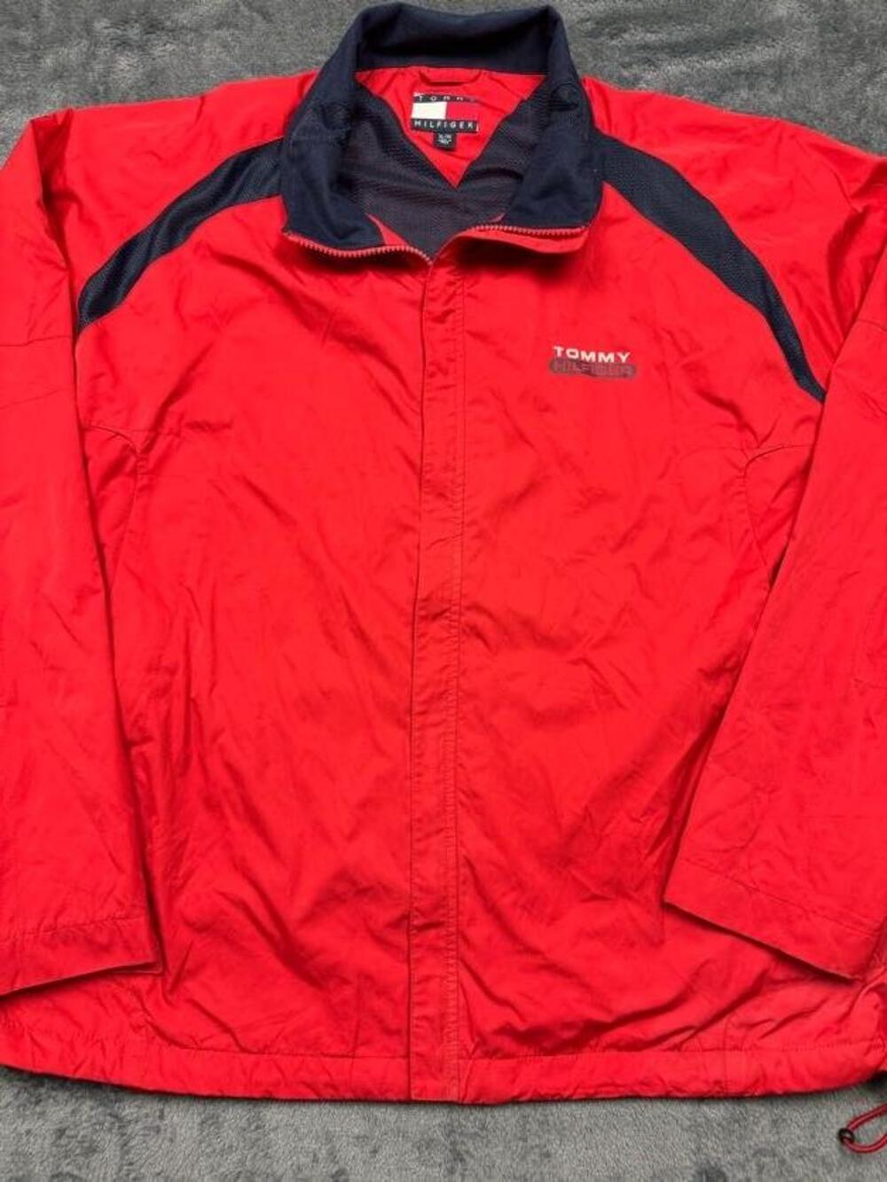 Vintage Tommy Hilfiger Jacket Mens XL Red Full Zip Windbreaker Mesh Lined Logo